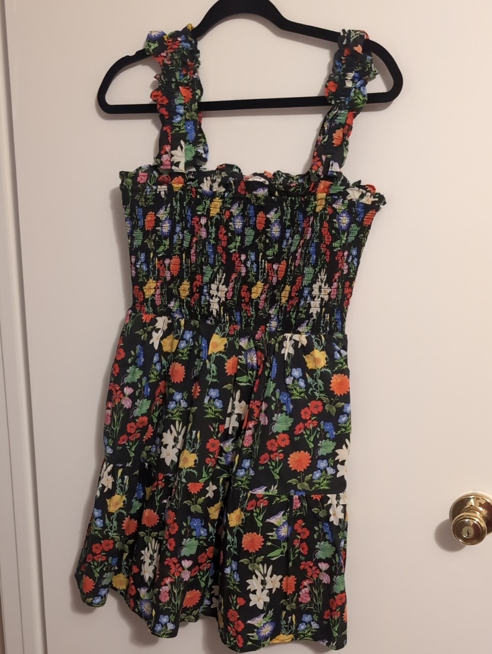 Floral Smocked Sundress in Black with Multi-Color Flowers